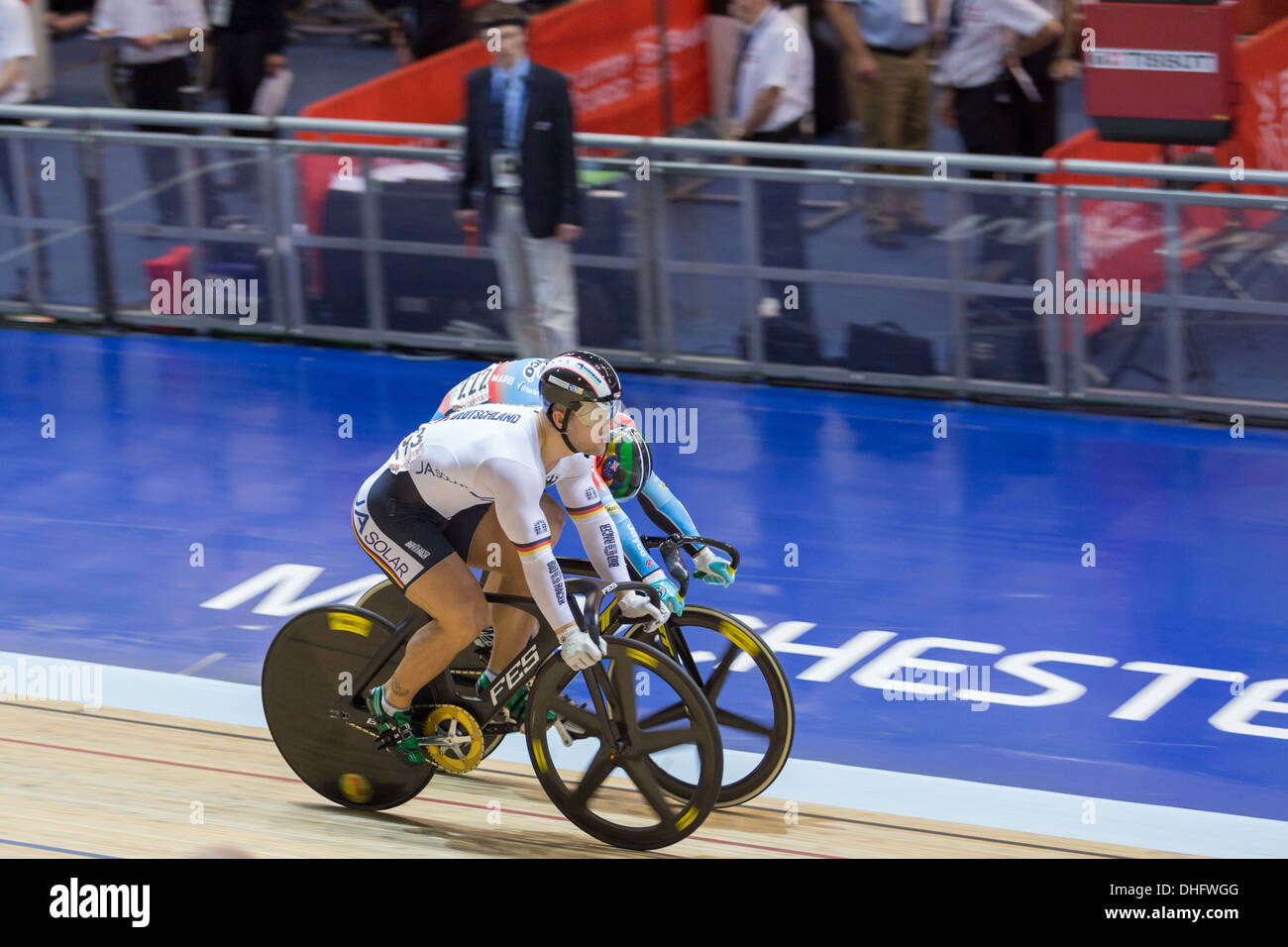 Robert Forstemann (GER) leads Shane Perkins (AUS) up to the finish line to win the Mens Sprint semifinals. Stock Photo