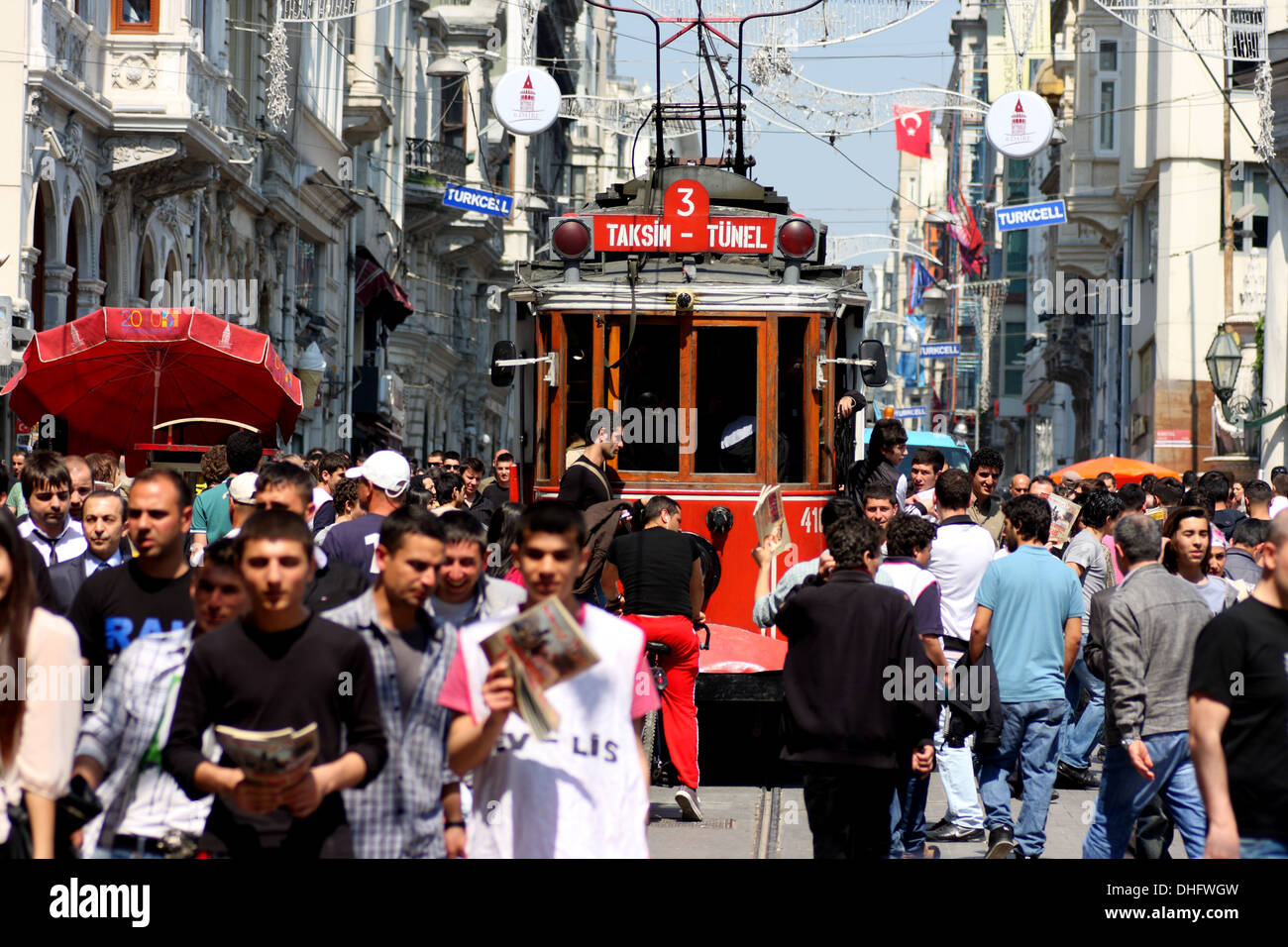 Tram on a crowded Istiklal Caddesi, Istanbul, Republic of Turkey Stock Photo