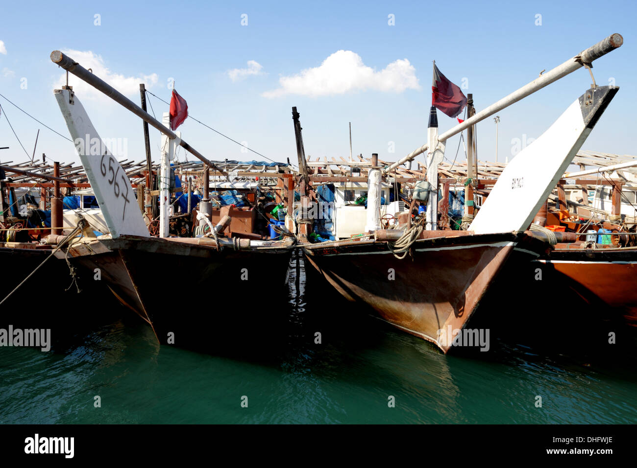 Fishing dhows at harbour in Bahrain Stock Photo