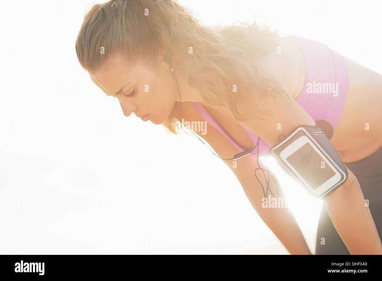 Portrait of fitness young woman catching breathe Stock Photo