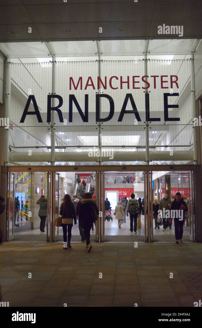 Entrance to the Arndale Centre in Market Street in Manchester at night