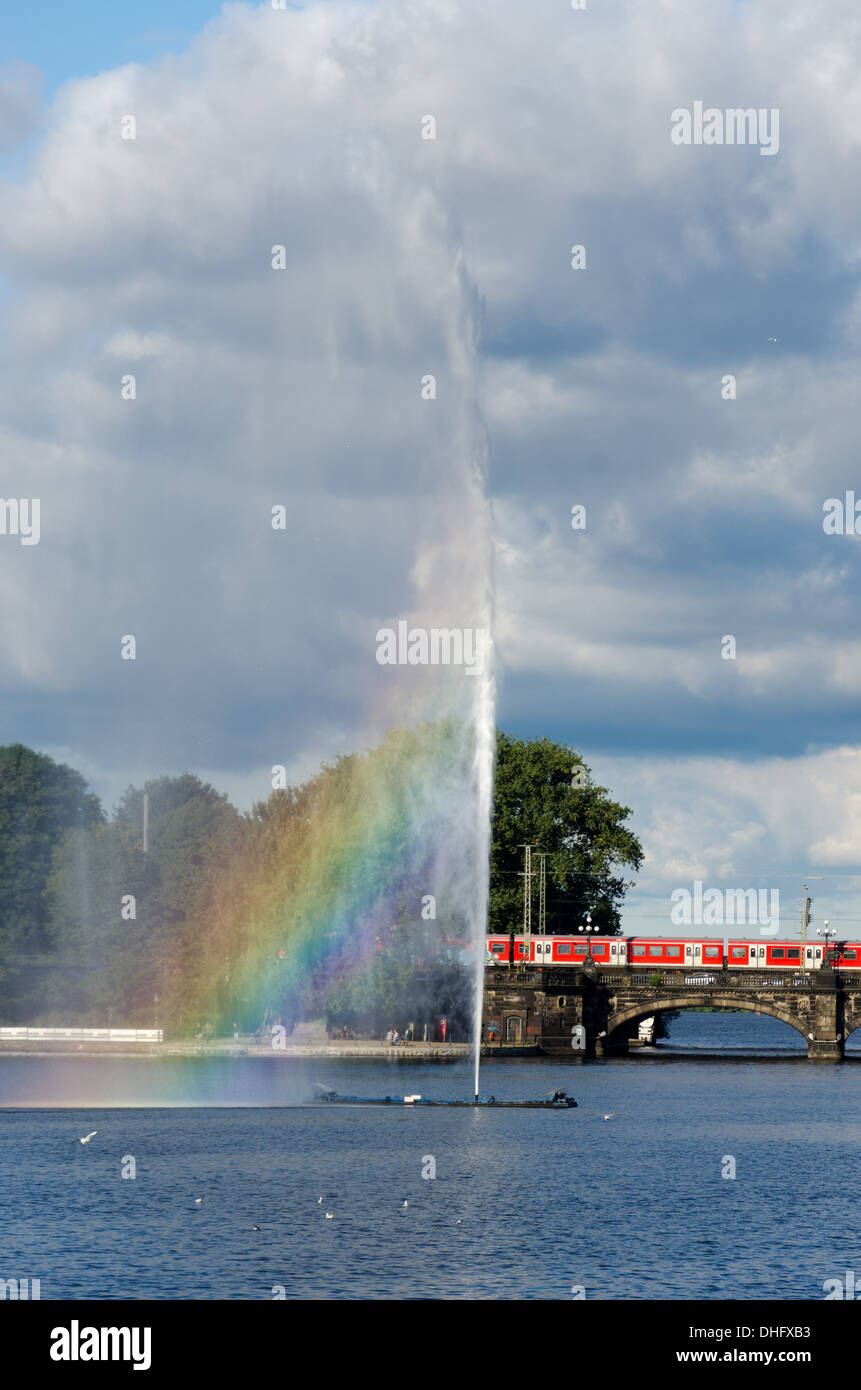 Alster lake panorama with fountain in Hamburg, Germany Stock Photo