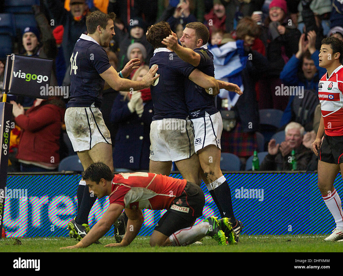 Edinburgh, Scotland. 09th Nov, 2013. Scotland's Duncan Weir Celebrates scoring his try during the Viagogo Autumn International game between Scotland and Japan from Murrayfield Credit:  Action Plus Sports/Alamy Live News Stock Photo