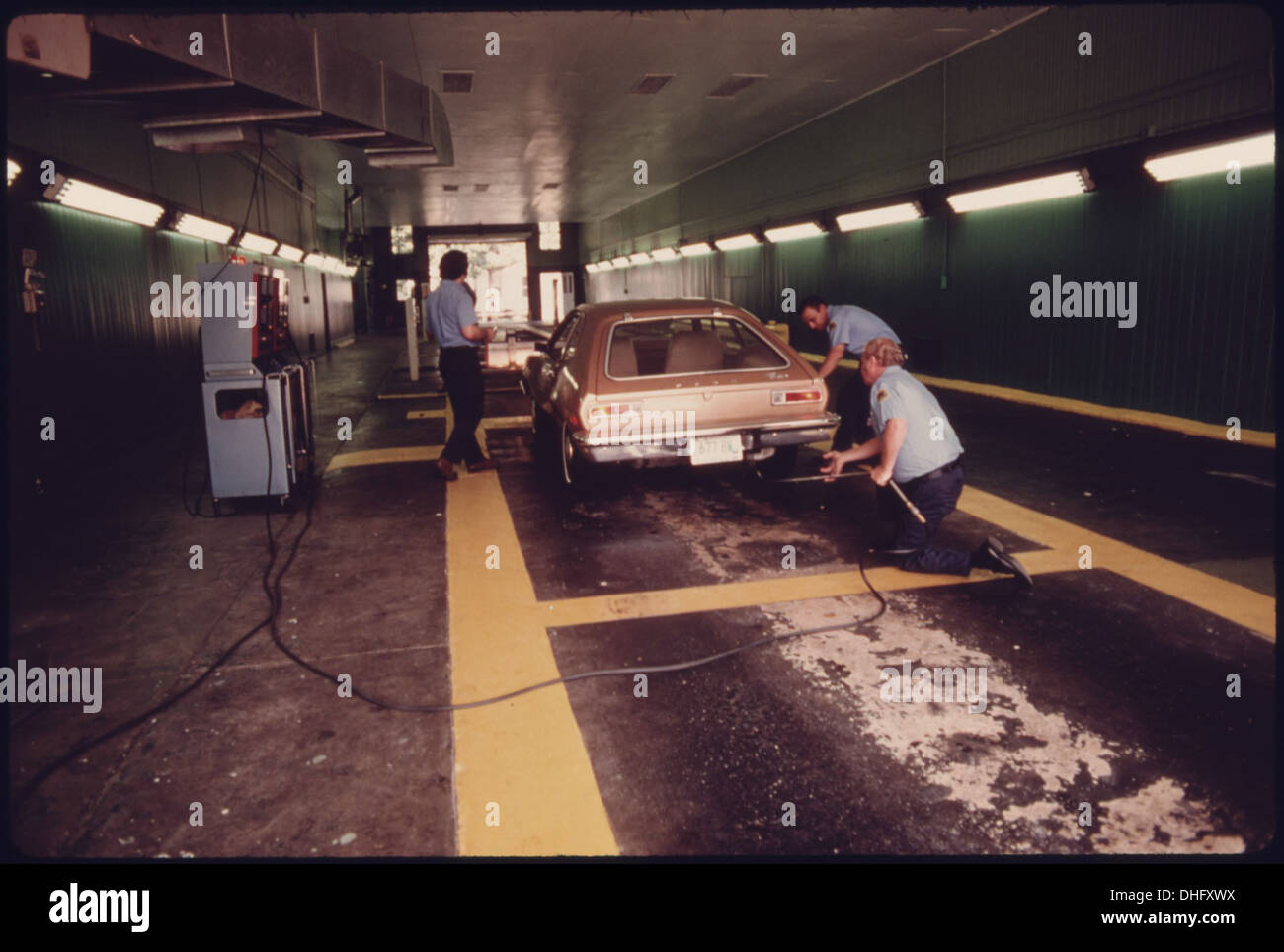 This image shows the safety lane at an auto emission inspection station ...