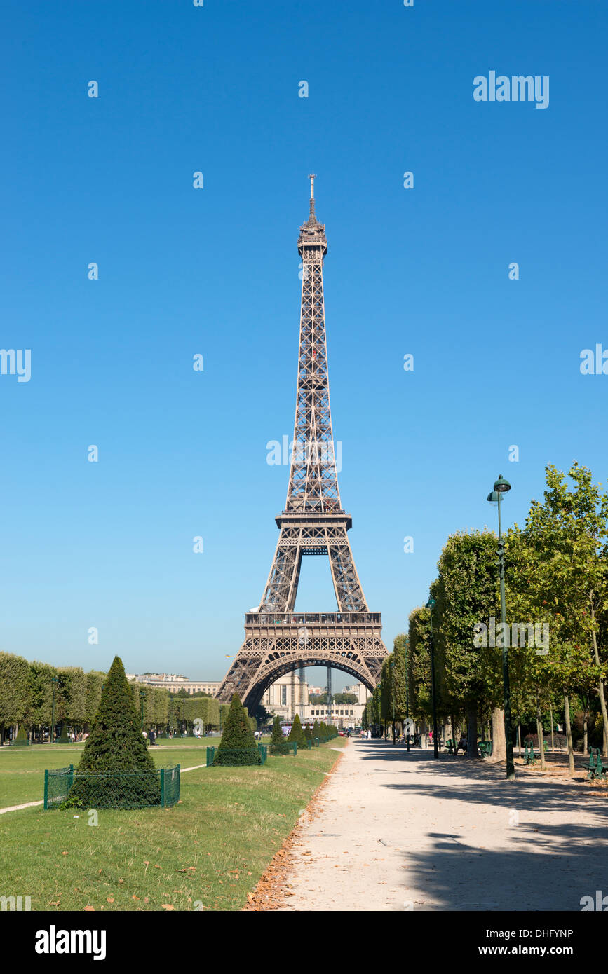 A view of the Eiffel Tower from a walkway on the Champ de Mars in Paris, France, Europe. Stock Photo