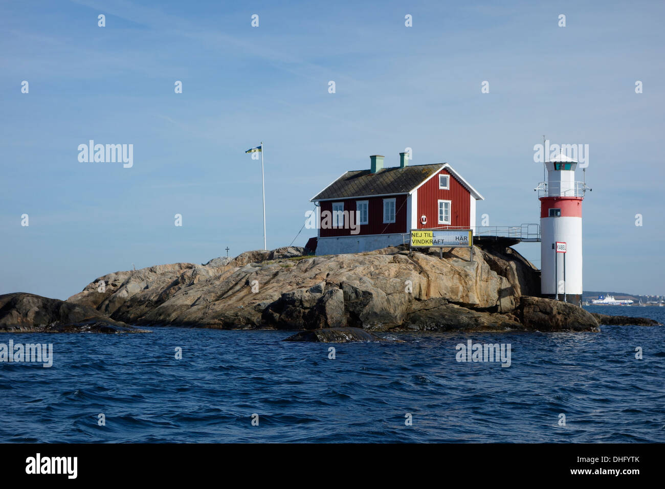 Gäveskär rock and lighthouse on approach to Gothenburg Port. View from the south. Sweden. Scandinmavia Stock Photo