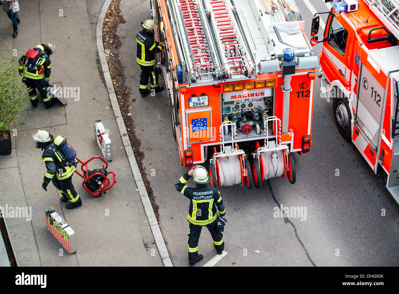 The Stuttgart fire brigade is fighting a smaller fire that started after lunch time in a private kitchen up in Rotenwaldstrasse Stock Photo