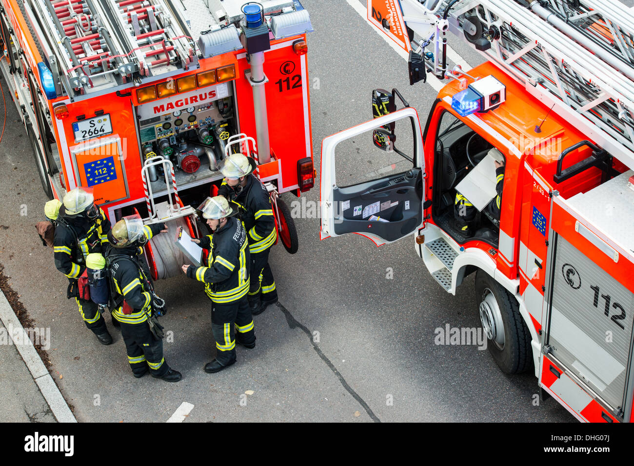 The Stuttgart fire brigade is fighting a smaller fire that started after lunch time in a private kitchen up in Rotenwaldstrasse Stock Photo