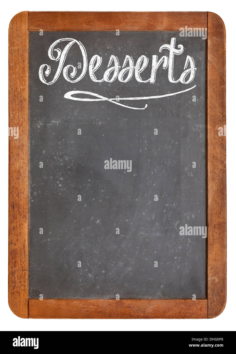 desserts - vintage slate blackboard in wood frame with white chalk smudges used a restaurant menu Stock Photo