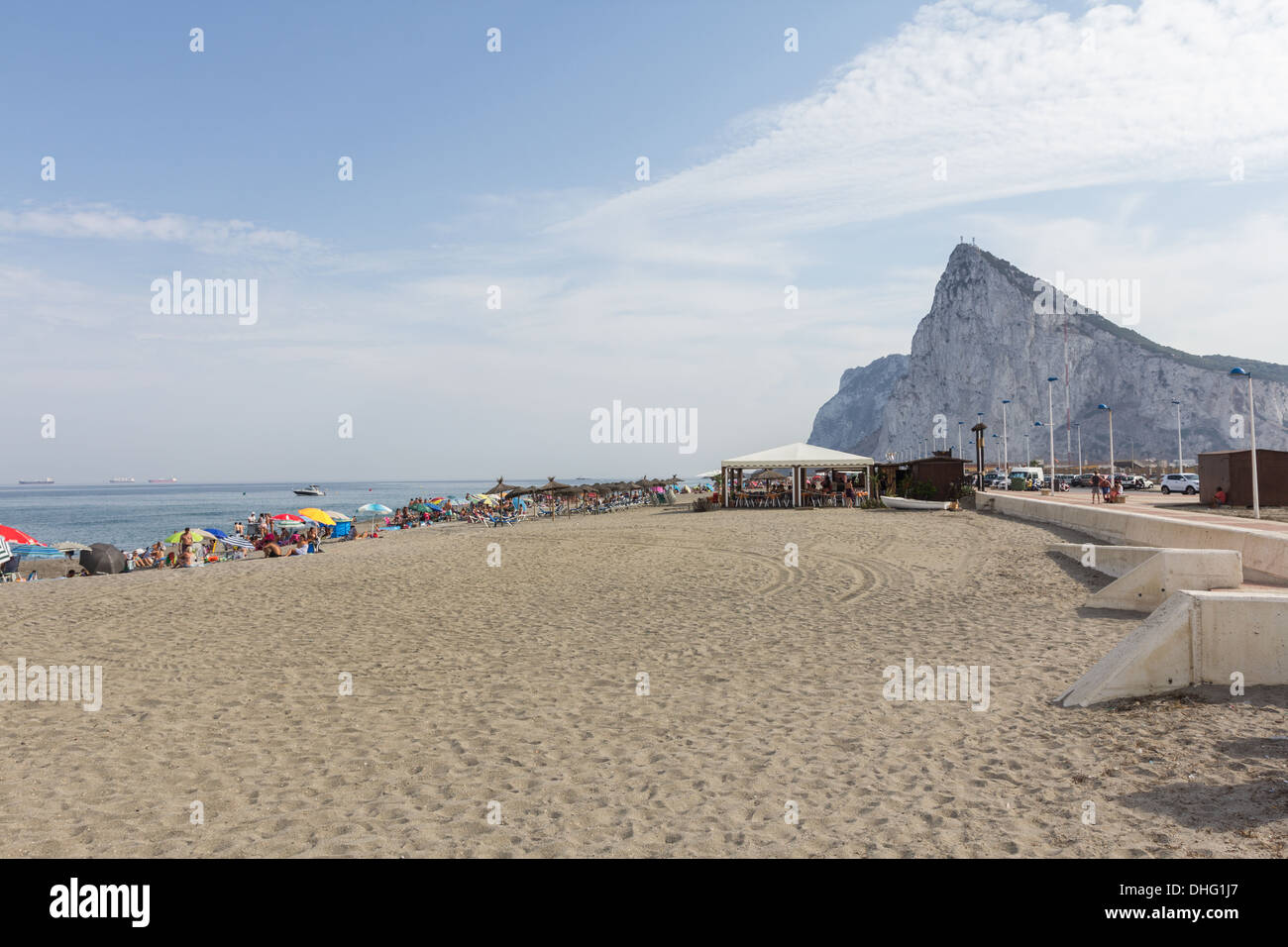 Beach in La Línea de la Concepción and Rock of Gibraltar in the background Stock Photo