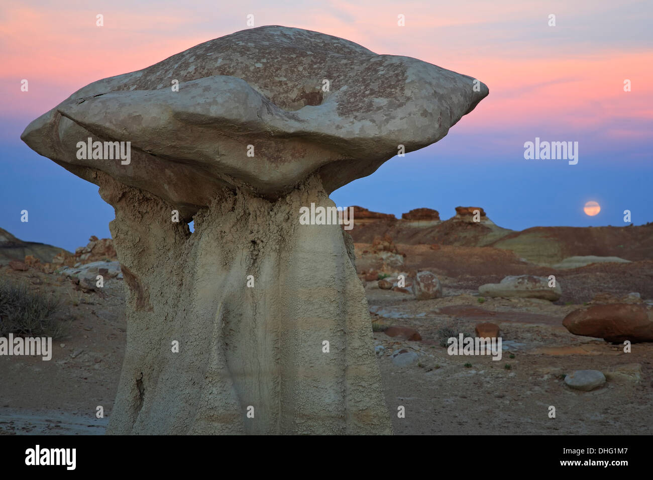 'Mushroom' rock and moon, Bisti De-Na-Zin Wilderness Area, New Mexico USA Stock Photo