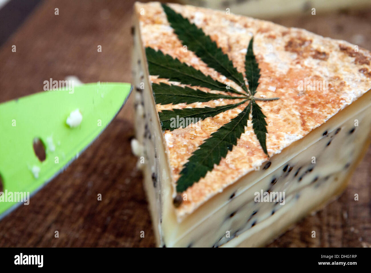 Product of the family farm. Tasting and offering of Sheep's cheese decorated with a cannabis leaf in the Prague Czech Republic Stock Photo