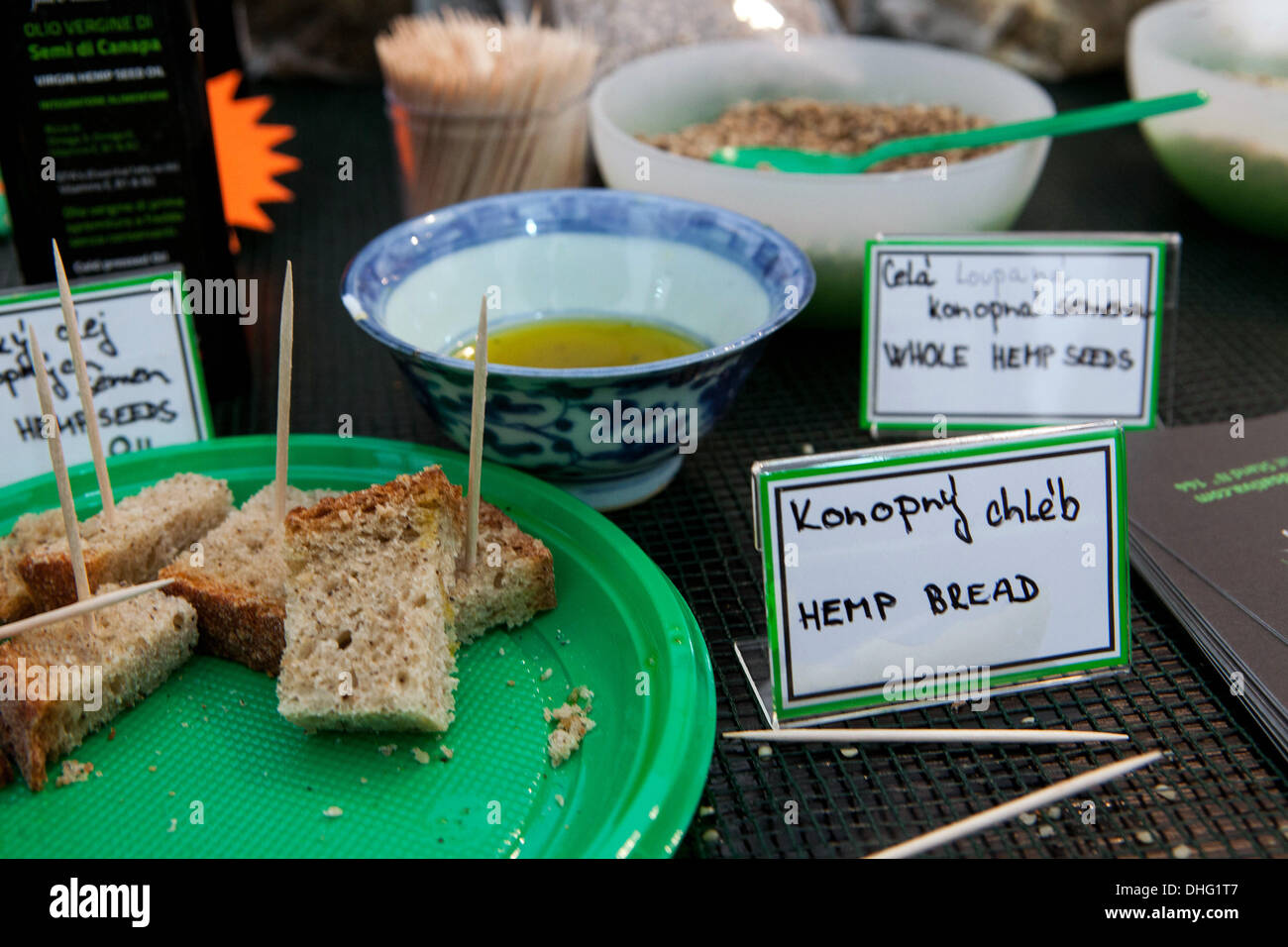 Hemp Fair.Hemp bread, oil and seeds to taste. Stock Photo
