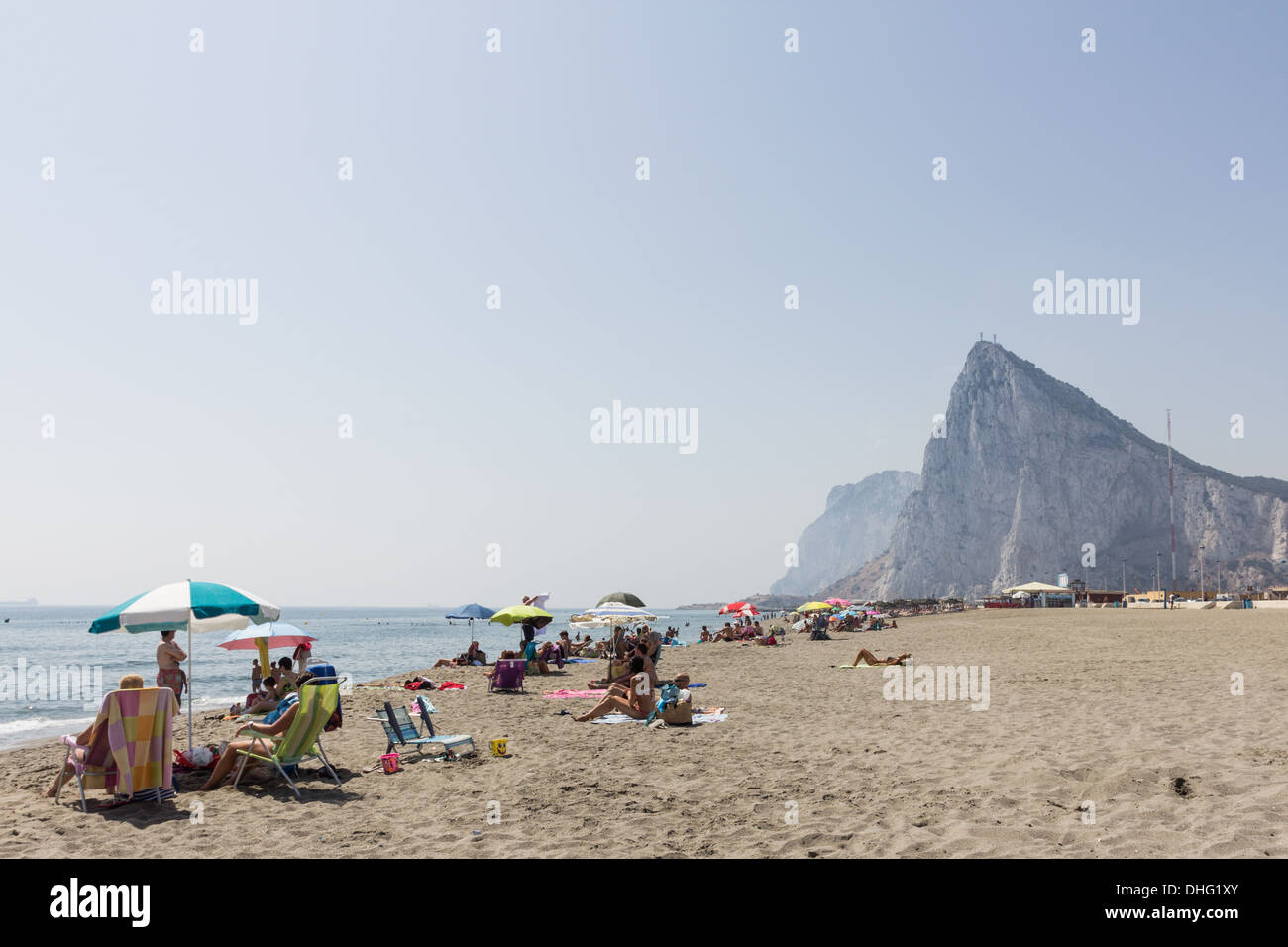 Beach in La Línea de la Concepción and Rock of Gibraltar in the background Stock Photo