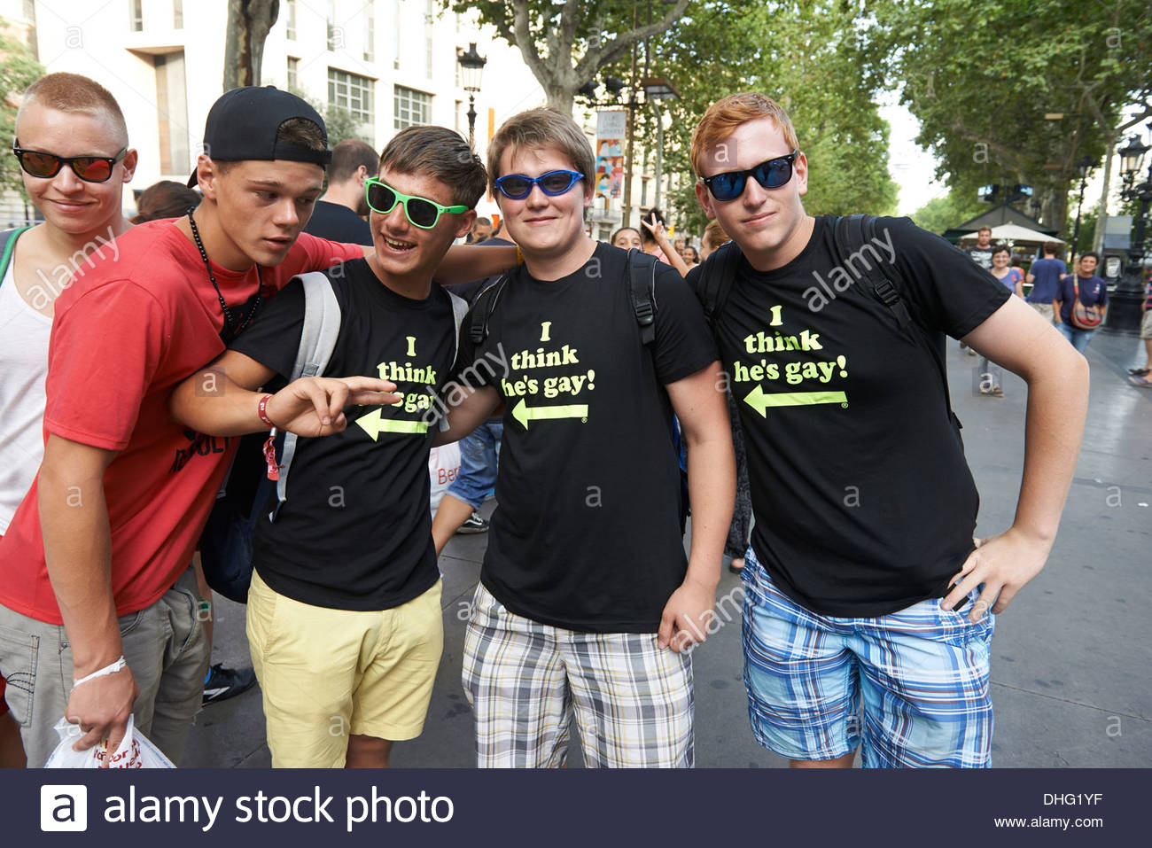 Men wearing I think he is gay t-shirts on La Rambla Street in the Stock  Photo - Alamy