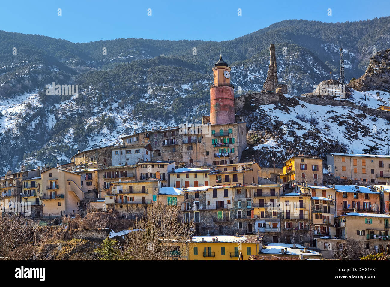 Small french town of Tende on the mountains slope in Alps, France. Stock Photo