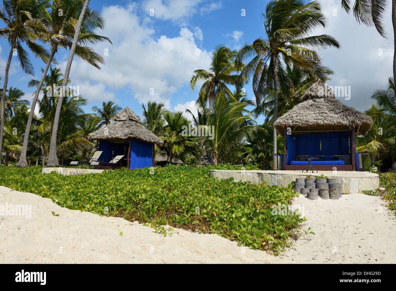 Makuti umbrellas and sun loungers, luxury hotel frontage, Bwejuu Beach, Zanzibar, Tanzania, East Africa Stock Photo