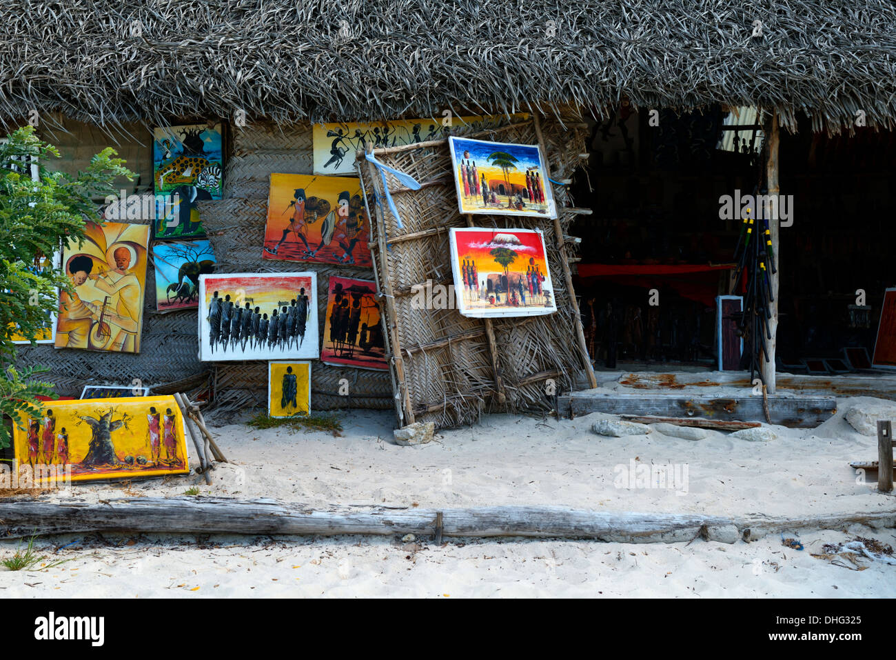 African art for sale from traditional Makuti huts on Bwejuu Beach