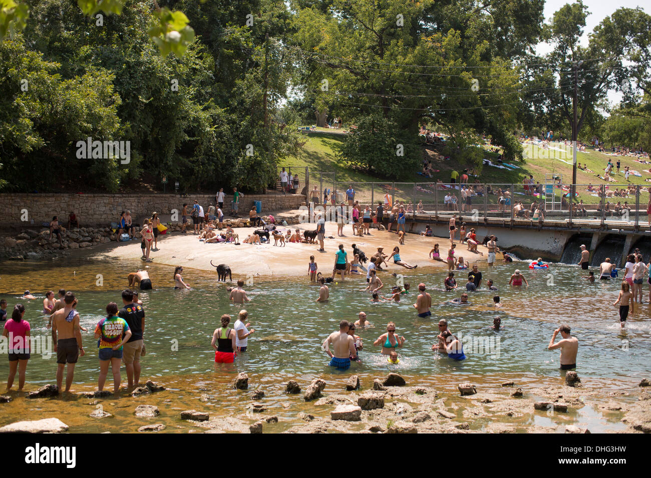 People swim in the outdoor swimming pool at Barton Springs Pool in Austin, Texas, on a hot sunny summer day. Stock Photo