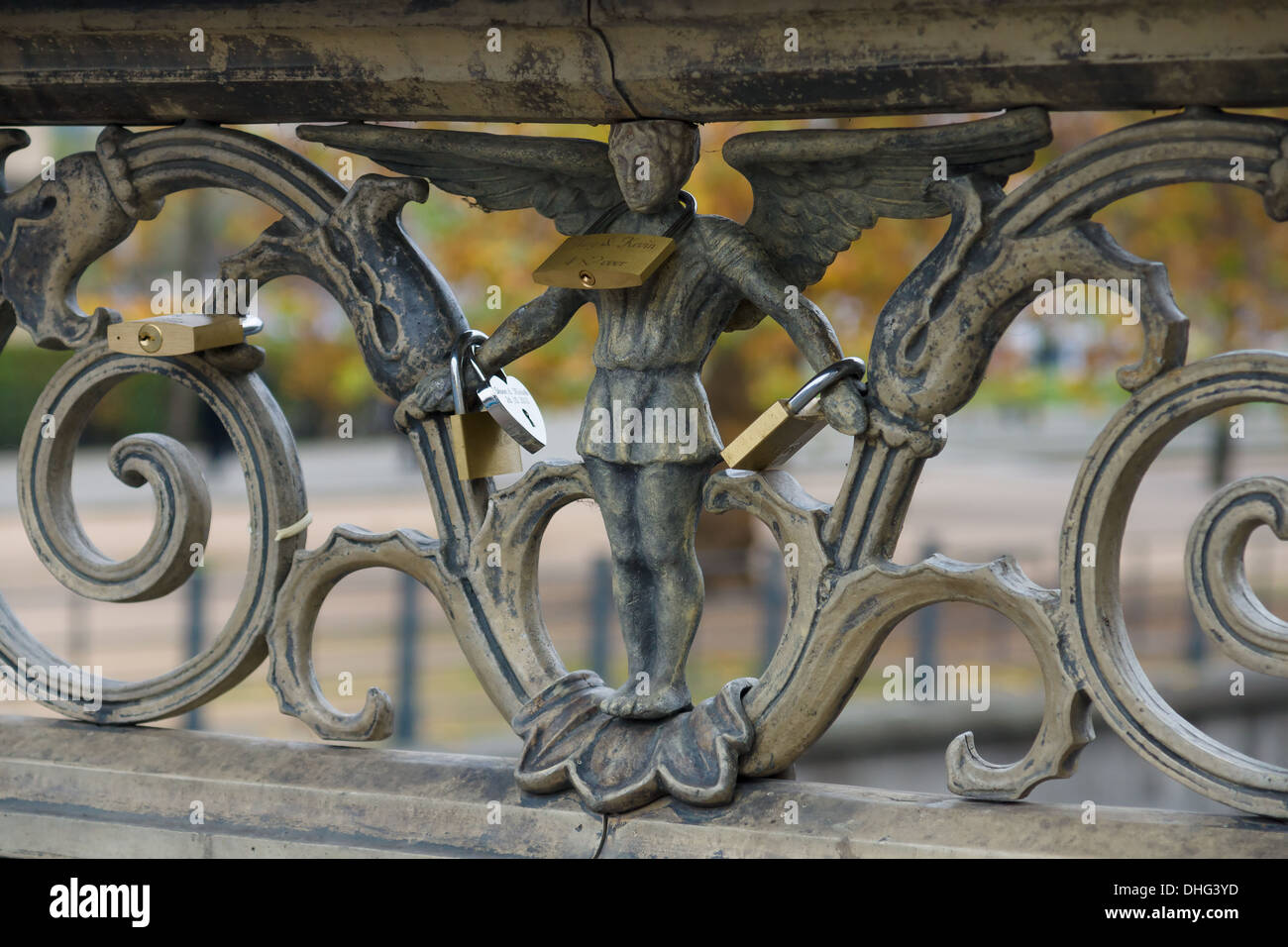 Padlocks on the railing of the bridge. Modern tradition bind the marriage bond. Stock Photo