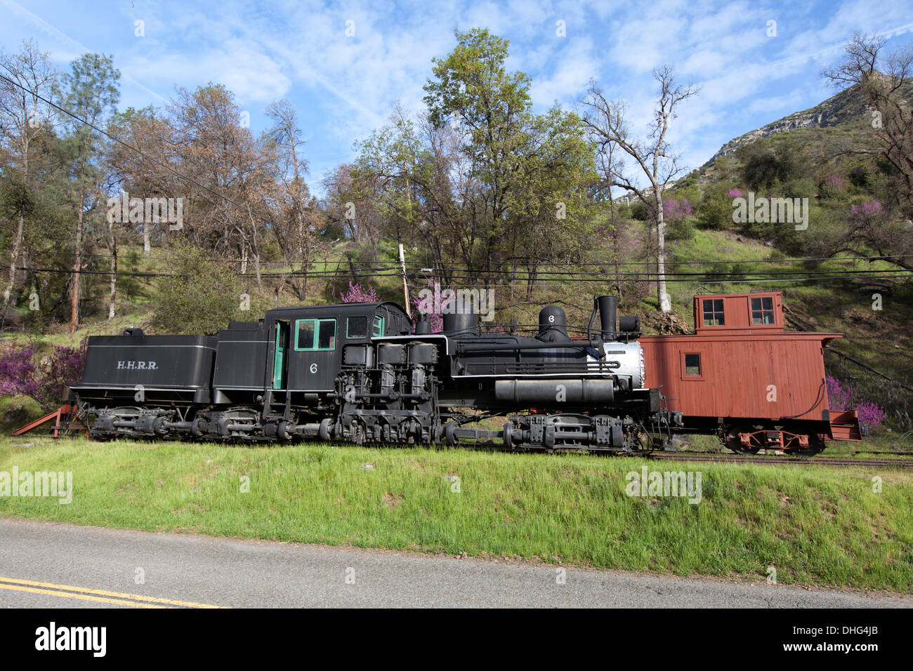 Shay locomotive No. 6 & Freight Caboose No. 15, El Portal Transportation Museum, Foresta Road, El Portal, California, USA. Stock Photo