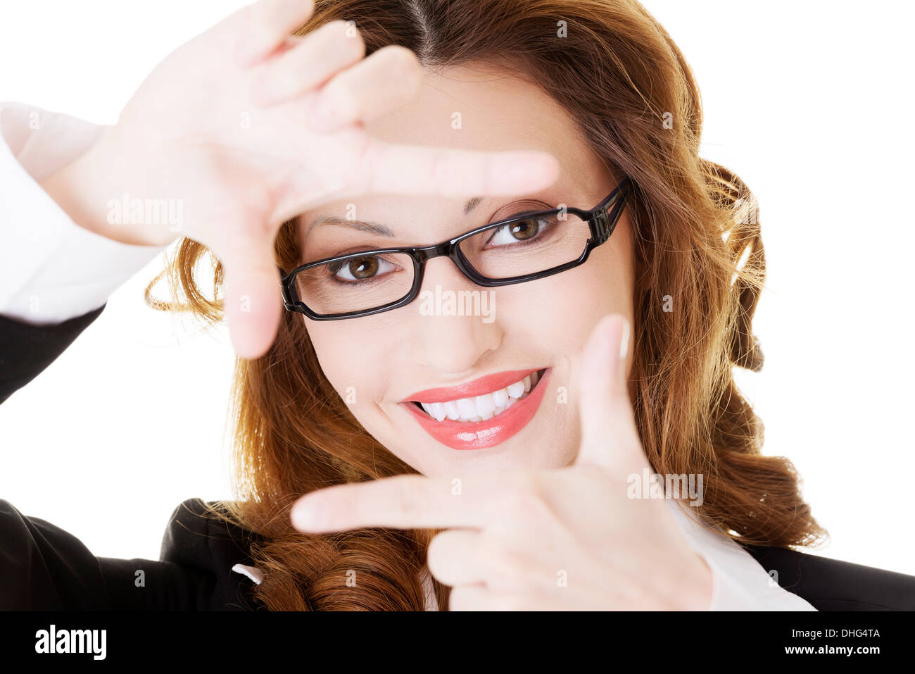 Snapshot of business woman in eyeglasses. Isolated on white.  Stock Photo