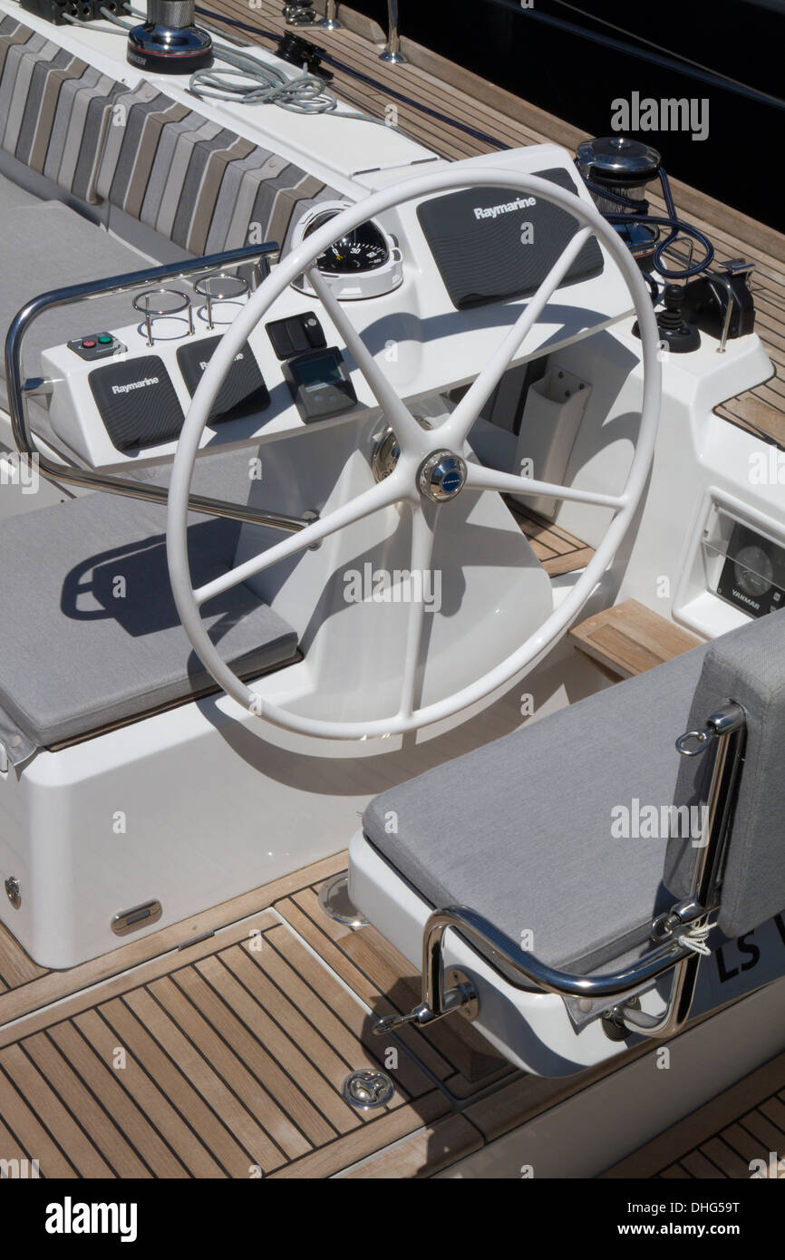 Steering wheel control panel cockpit of luxury modern motor boat Stock Photo Alamy