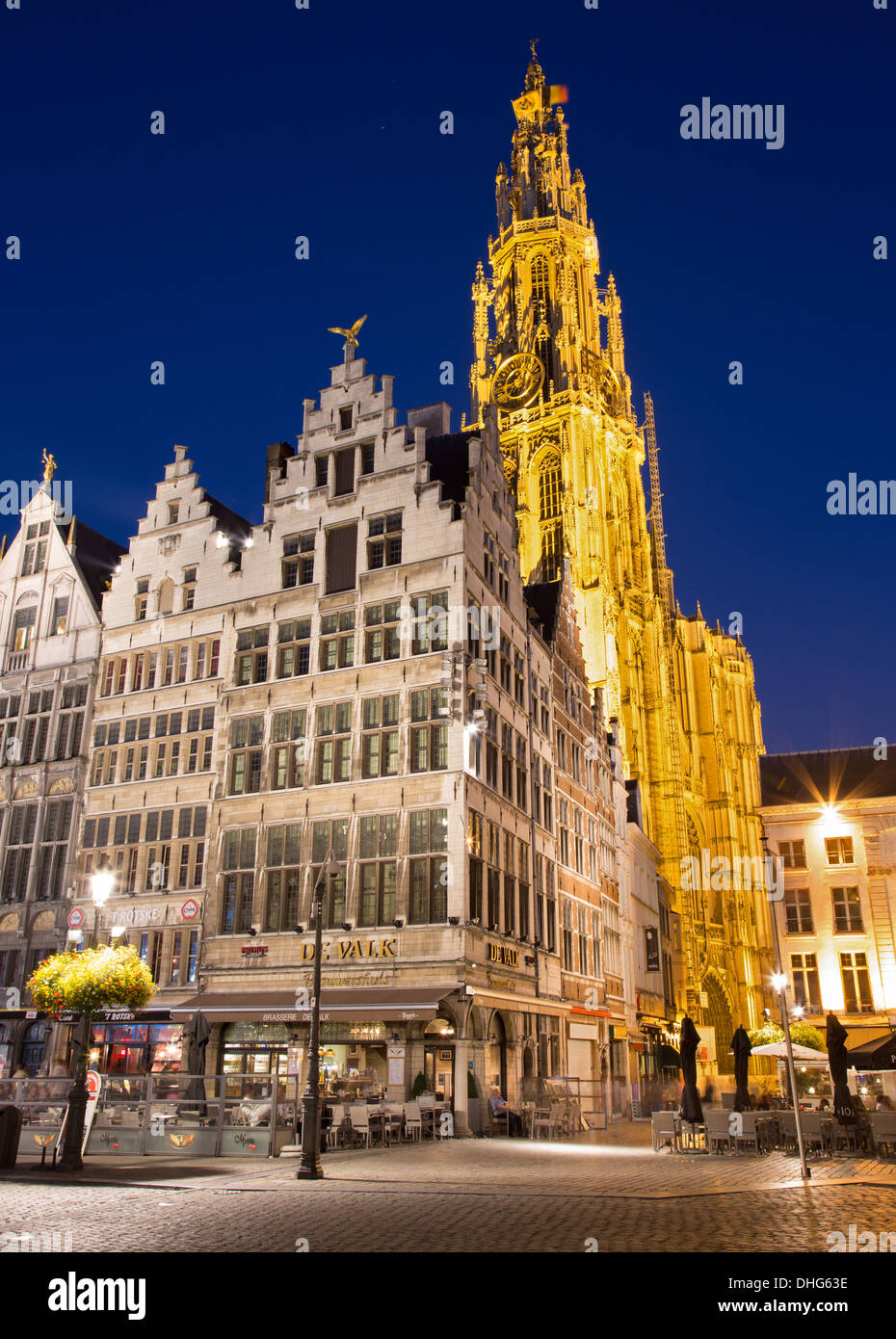 ANTWERP, BELGIUM - SEPTEMBER 4: Towers of cathedral of Our Lady in morning dusk and Grote Markt Stock Photo