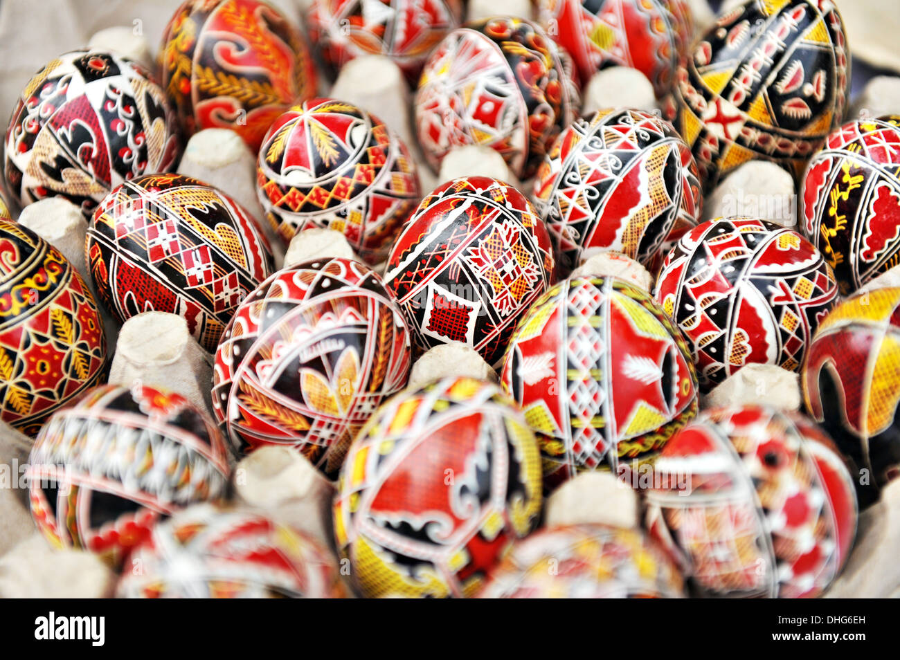 Closeup of romanian handmade painted eggs Stock Photo