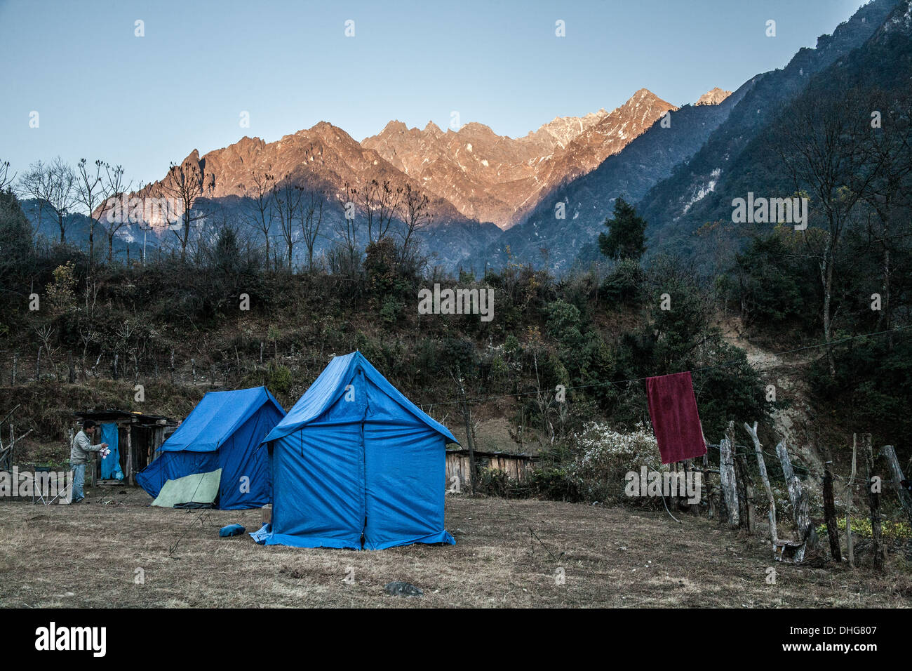 A camp site amongst the Bhutanese Himalayas, Gasa - Bhutan Stock Photo