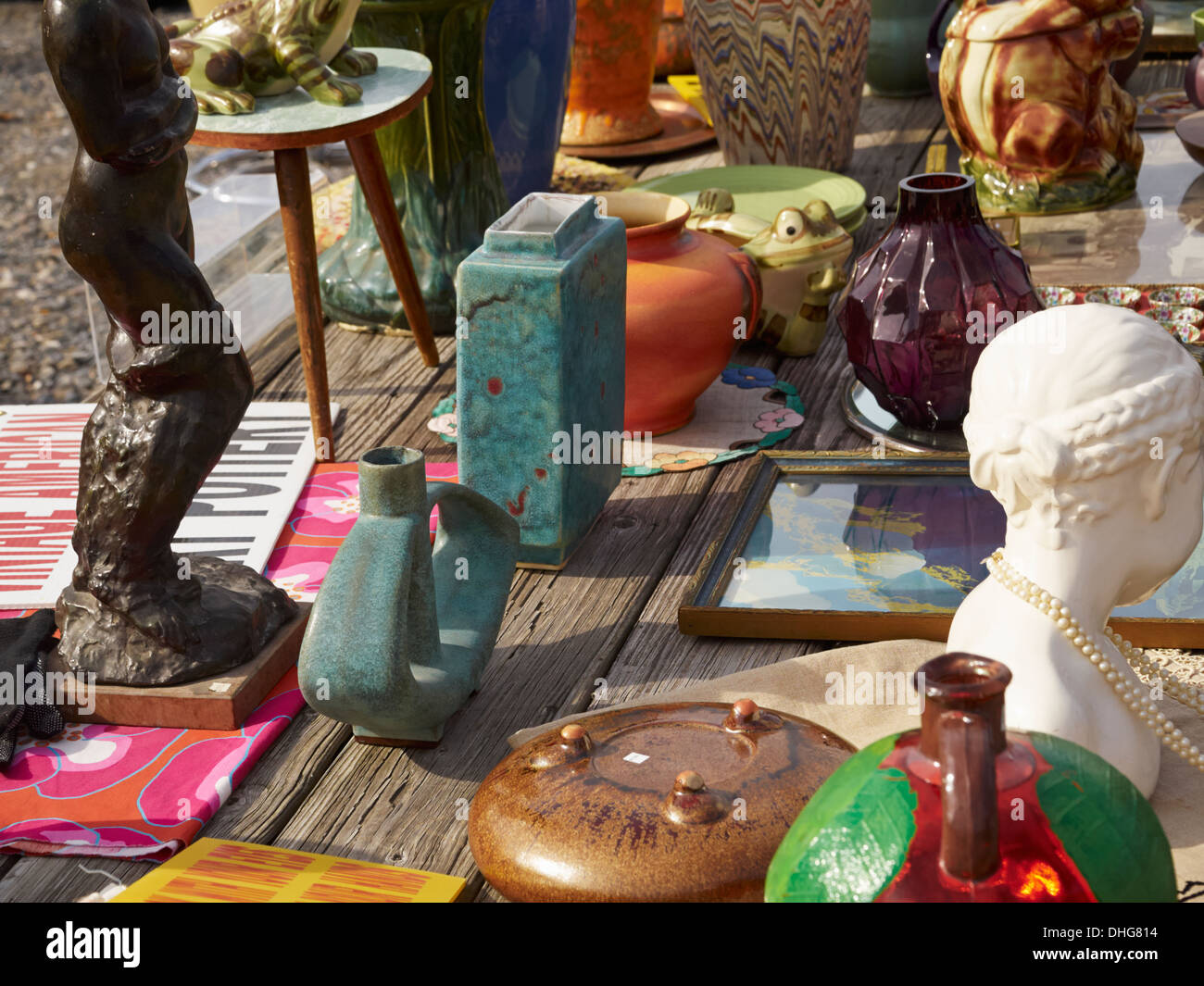 Flea Market table display, Lambertville, New Jersey, USA Stock Photo