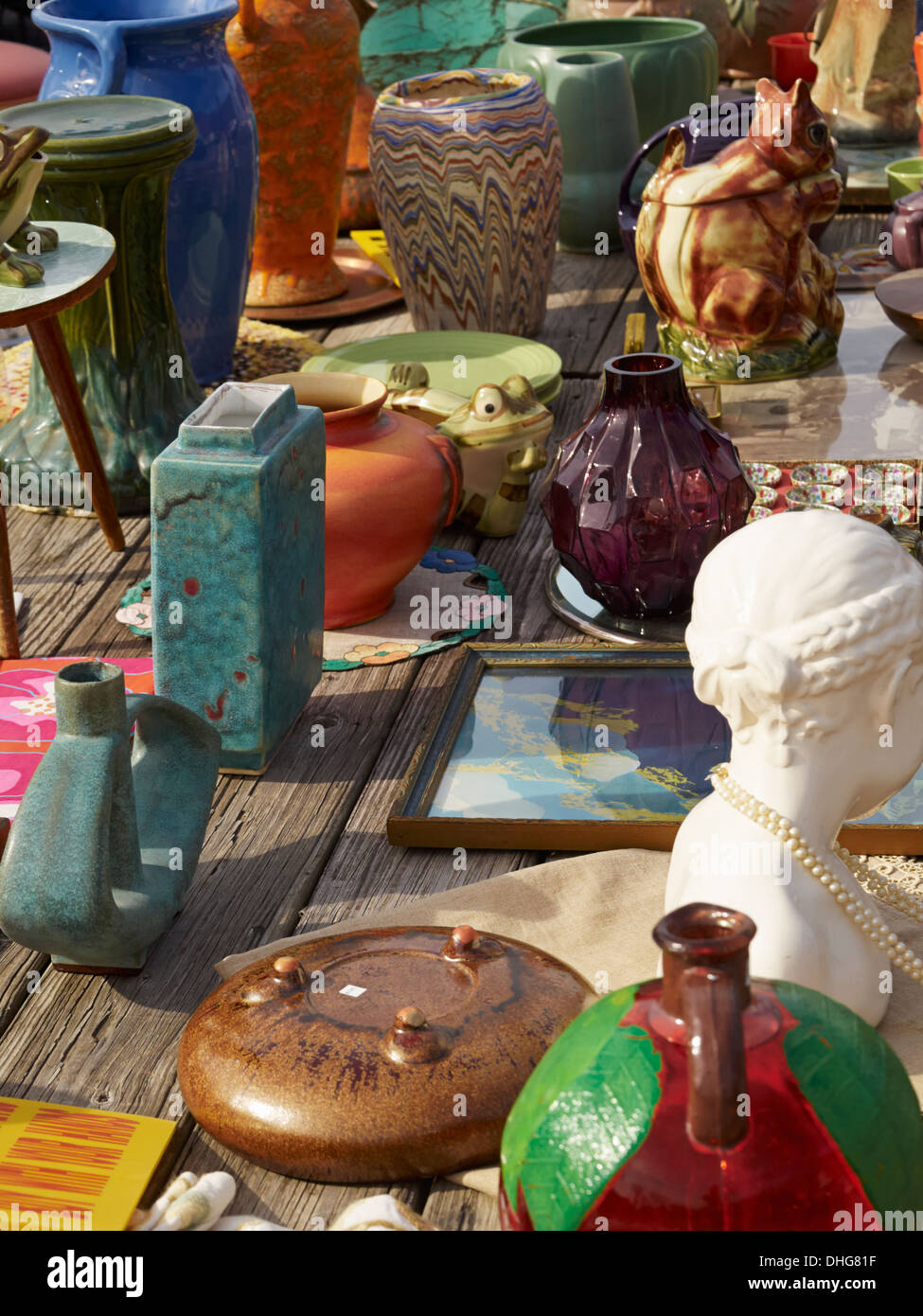Flea Market table display, Lambertville, New Jersey, USA Stock Photo