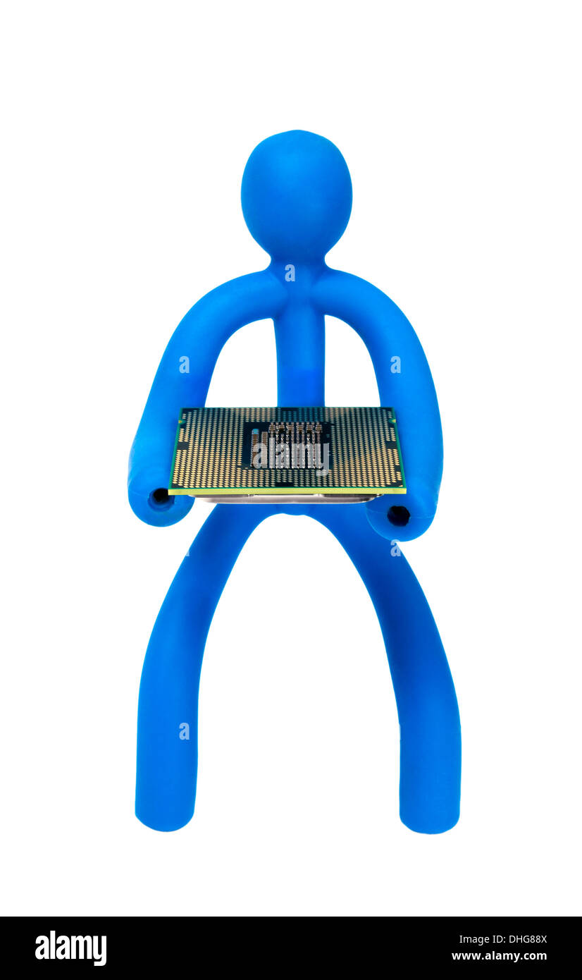 Blue rubber man keeps the processor isolated on white background Stock Photo