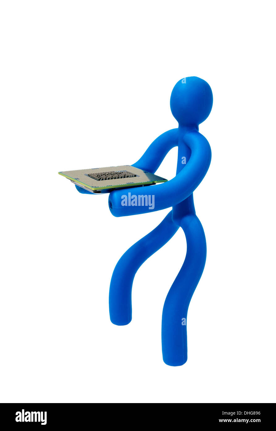Blue rubber man keeps the processor isolated on white background Stock Photo