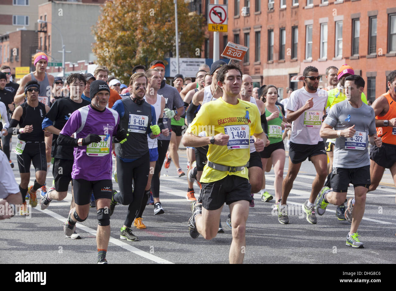 2013 New York City Marathon around the 6 mile (10K) point along 4th Ave. in Park Slope, Brooklyn, NY. Stock Photo