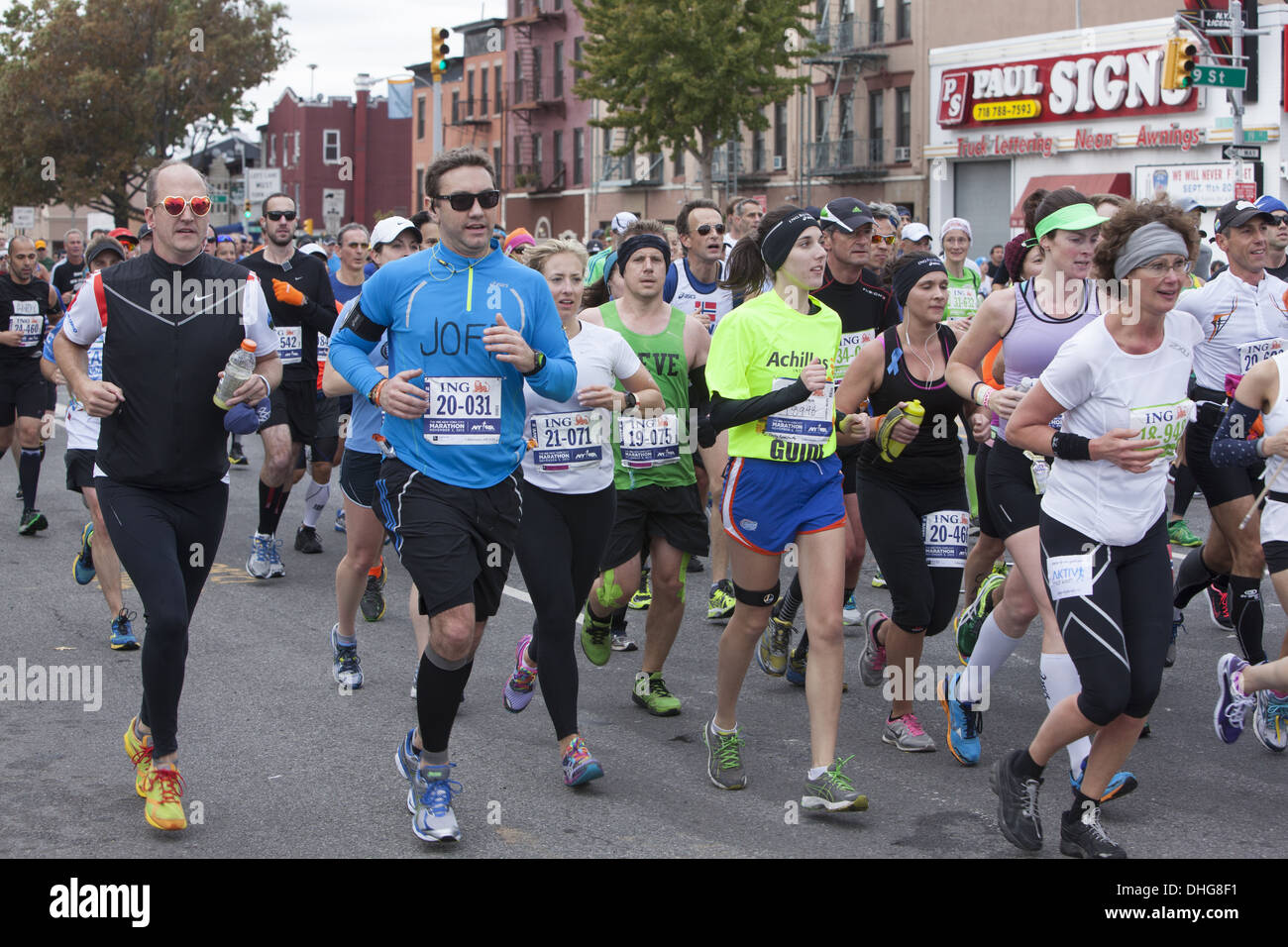 2013 New York City Marathon around the 6 mile (10K) point along 4th Ave. in Park Slope, Brooklyn, NY. Stock Photo