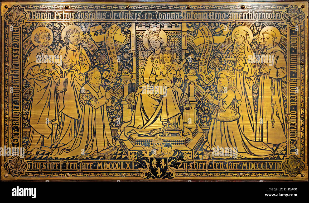 ANTWERP, BELGIUM - SEPTEMBER 5: Adoration of Madonna on metal plate from year 1872 in Joriskerk or st. George church Stock Photo