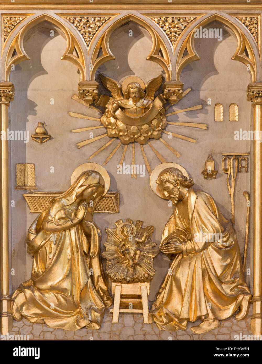 ANTWERP, BELGIUM - SEPTEMBER 5: Nativity relief from 19. cent. in altar of Joriskerk or st. George church Stock Photo