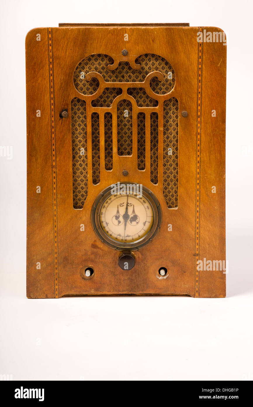 antique radio vintage retro am music isolated wood broadcast transistor radio cathedral equipment gothic audio wooden volume Stock Photo