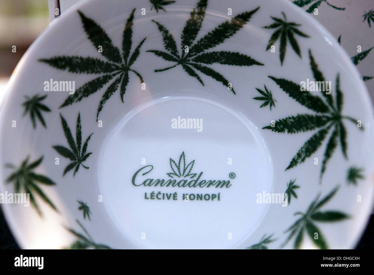 plate decorated with hemp leaves Stock Photo
