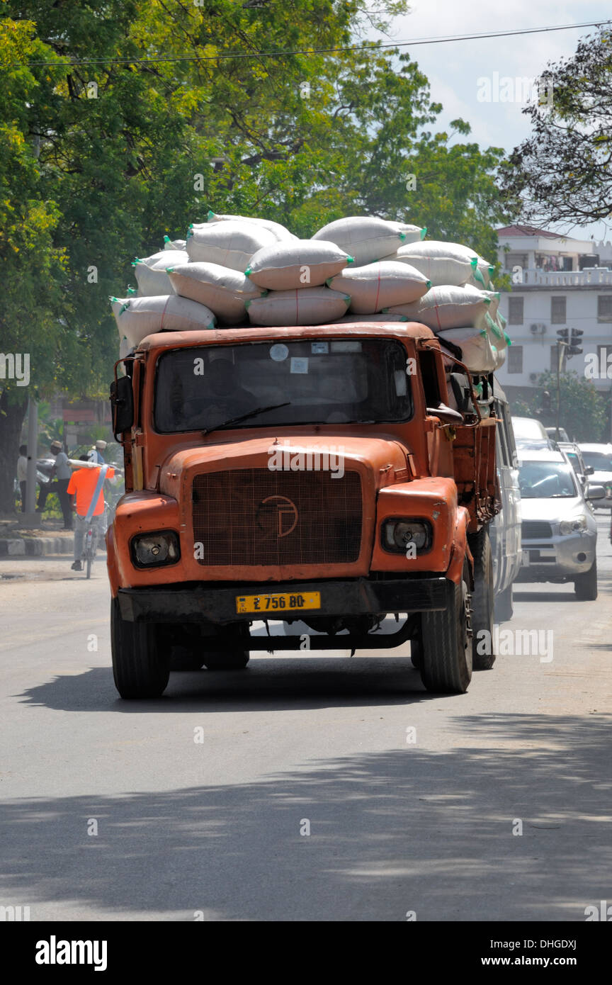 Heavily laden old truck, Zanzibar City, Stone Town, Zanzibar, Tanzania, East Africa Stock Photo