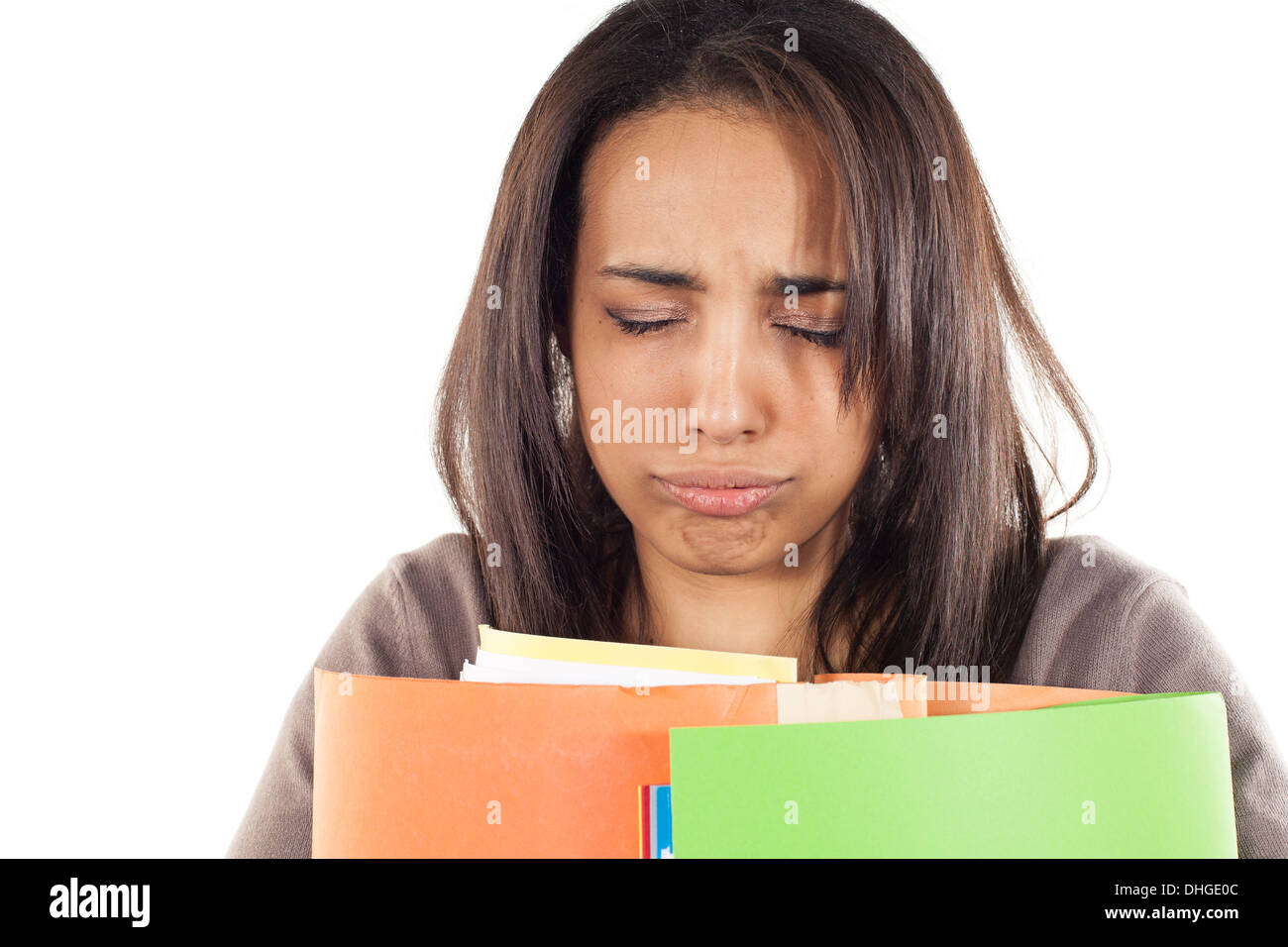 Secretary stressed which carries files Stock Photo