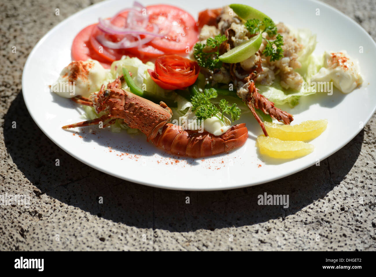 Seafood salad platter at beach side hotel, Bwejuu Beach, Indian Ocean