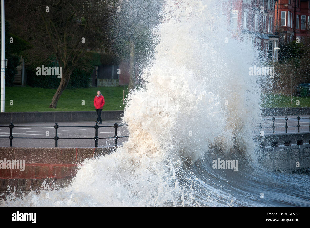 Sea Waves Crashing over wall stormy windy weather Stock Photo
