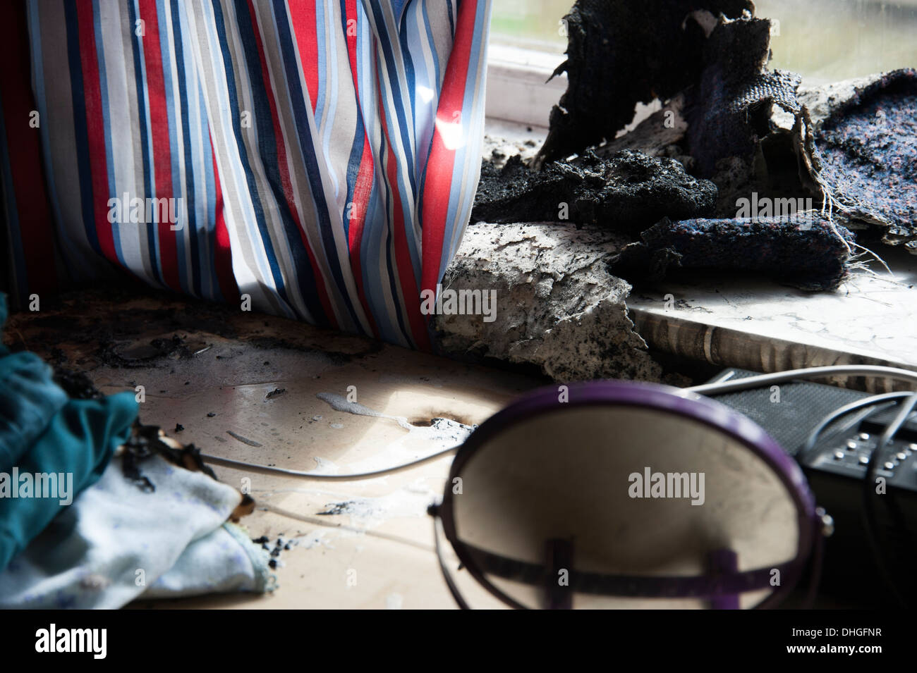Curtains on fire mirror focus sunlight suns rays accidental real fire Stock Photo