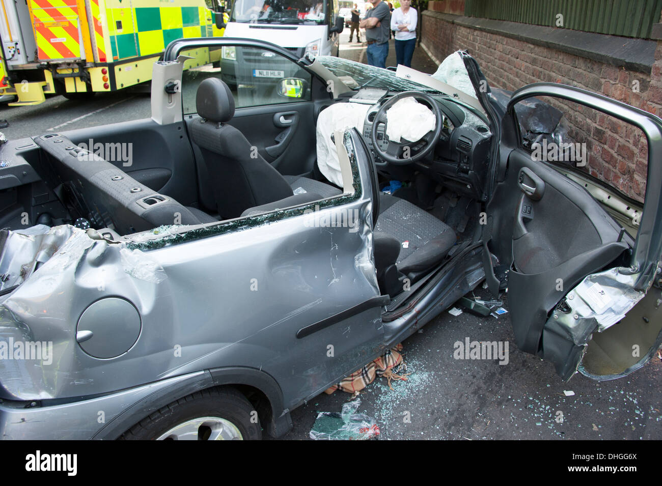 Car crashed RTA RTC Airbags Deployed roof removed cut off Stock Photo