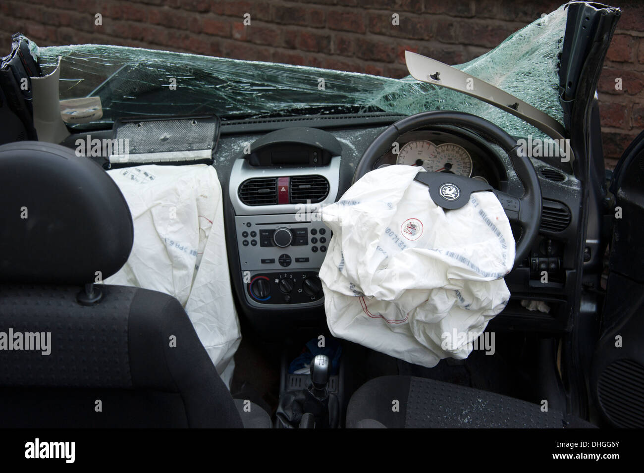 car Crash airbag air bag deployed gone off smashed screen Stock Photo