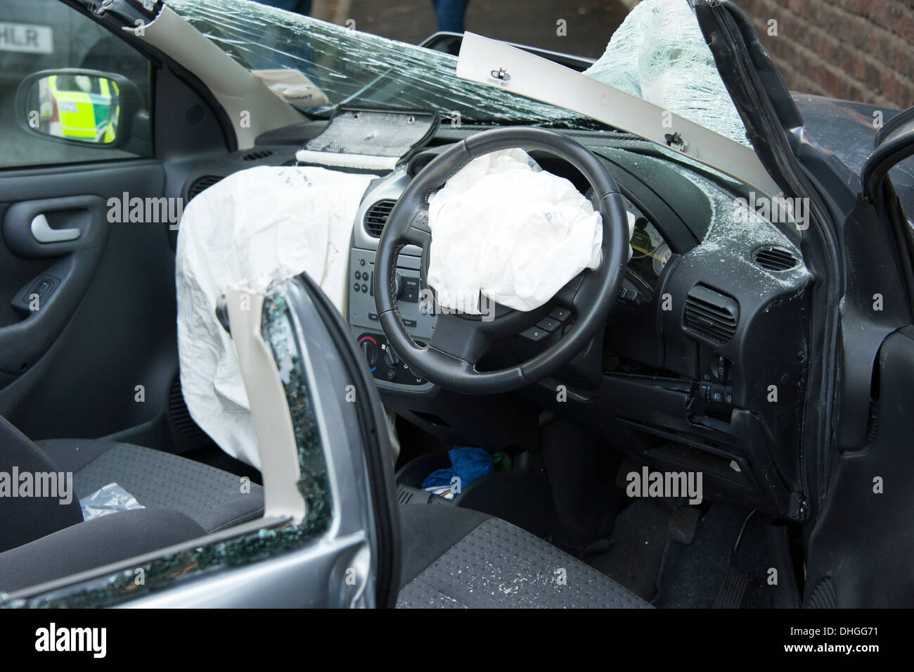 Car crashed RTA RTC Airbags Deployed roof removed cut off Stock Photo