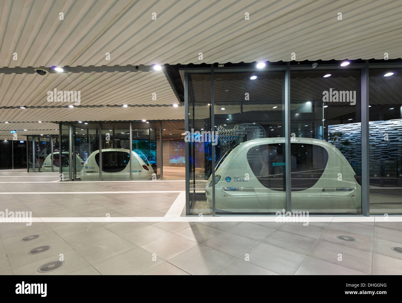 Driverless PRT Personal Rapid Transport Pod cars at Masdar City technical institute in Abu Dhabi United Arab Emirates Stock Photo