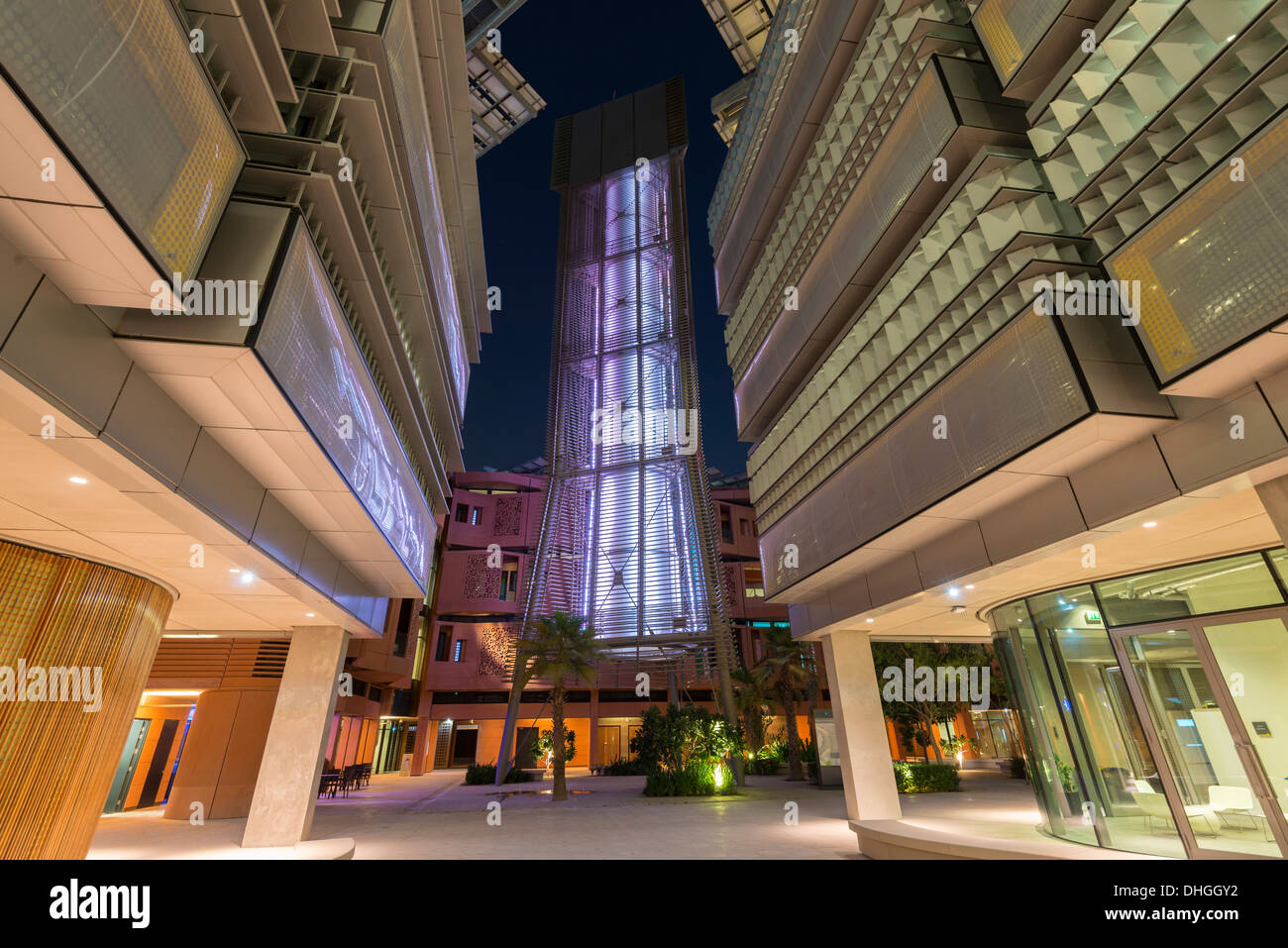 wind tower providing cooling to courtyard at Institute of Science and Technology at Masdar City Abu Dhabi United Arab Emirates Stock Photo